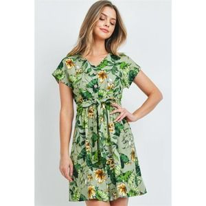 Green Floral Tie Sash Waist Dress L